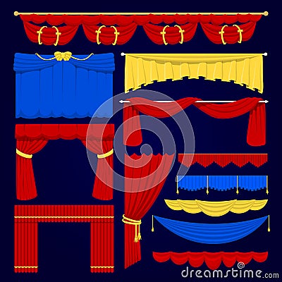 Theather scene red, blue and yellow blind curtain stage fabric texture isolated on a white background illustration Vector Illustration