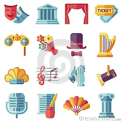 Theatre acting performance flat icons set Vector Illustration