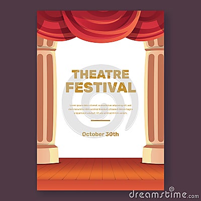 Theatre festival poster with red curtain stage show performance illustration concept Vector Illustration