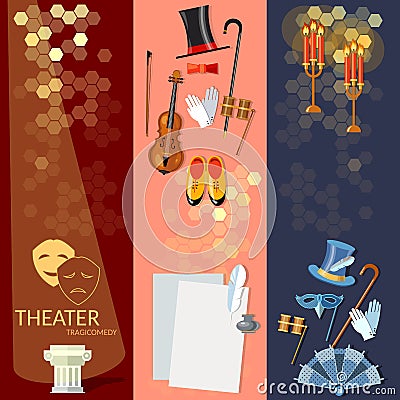 Theatre flat banner set with actors scenario decorations Vector Illustration