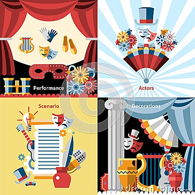 Theatre flat icon set Vector Illustration