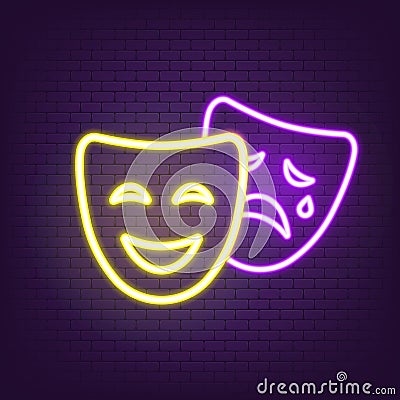 Theatre icon neon. Comedy and tragedy masks icon neon. Happy and unhappy traditional symbol of theater. Vector EPS 10. Isolated on Vector Illustration