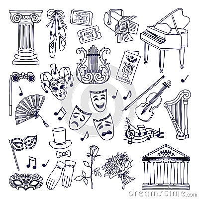 Theatre illustrations set. Opera and ballet vector symbols isolate on white Vector Illustration