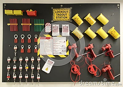 Theatre Lighting Technical Electrician Electrical Lockout Tagout Station Power Switch Keys Locks Tags Signs Signages Safety SOP Stock Photo
