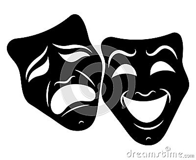 Theatre Masks. Drama and comedy. Illustration for the theater. Tragedy and comedy mask. Black white illustration. Tattoo Vector Illustration