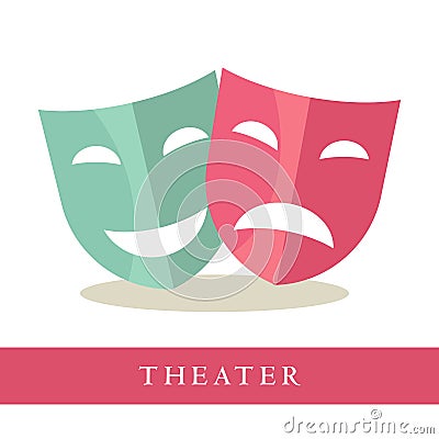 Theatre pink and blue masks icons isolated on white background Vector Illustration
