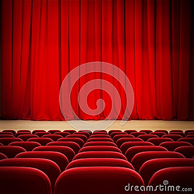 Theatre red curtain on stage with red velvet seats Stock Photo