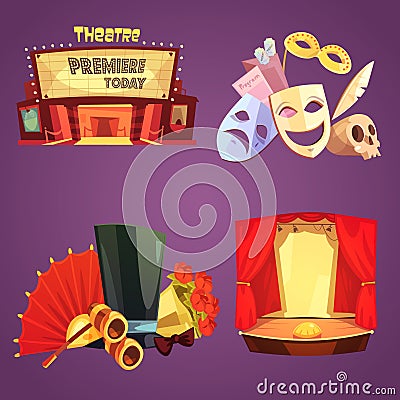 Theatre Retro Cartoon 2x2 Icons Set Vector Illustration