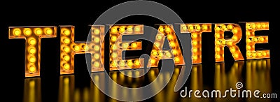 Theatre signboard from golden light bulb letters, retro glowing font. 3D rendering Stock Photo