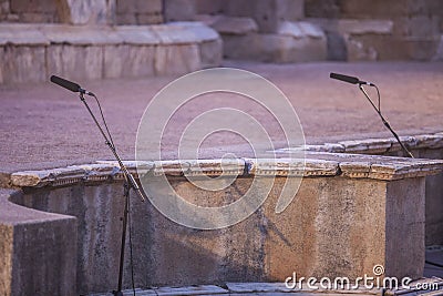 Theatre stage microphones during performance Editorial Stock Photo