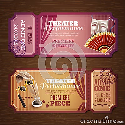 Theatre Tickets Banners Set Vector Illustration