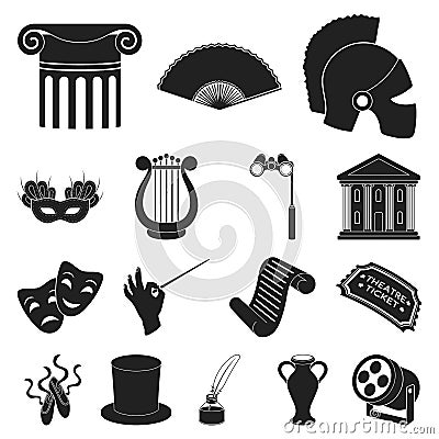 Theatrical art black icons in set collection for design.Theater equipment and accessories vector symbol stock web Vector Illustration