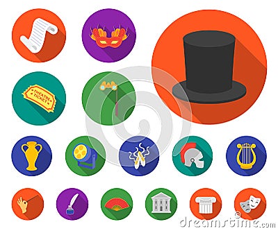 Theatrical art flat icons in set collection for design.Theater equipment and accessories vector symbol stock web Vector Illustration