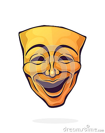 Theatrical comedy mask. Vintage opera mask for happy actor. Face expresses positive emotion. Film and theatre industry. Vector Illustration