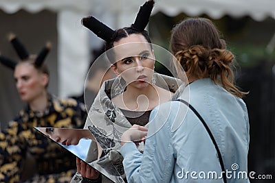 Theatrical fashion show in Catherine park, Pushkin, St. Petersburg, Russia Editorial Stock Photo