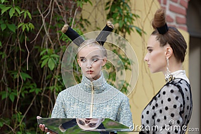 Theatrical fashion show in Catherine park, Pushkin, St. Petersburg, Russia Editorial Stock Photo