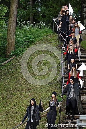 Theatrical fashion show in Catherine park, Pushkin, St. Petersburg, Russia Editorial Stock Photo