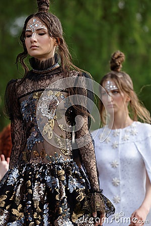 Theatrical fashion show in Catherine park, Pushkin, St. Petersburg, Russia Editorial Stock Photo