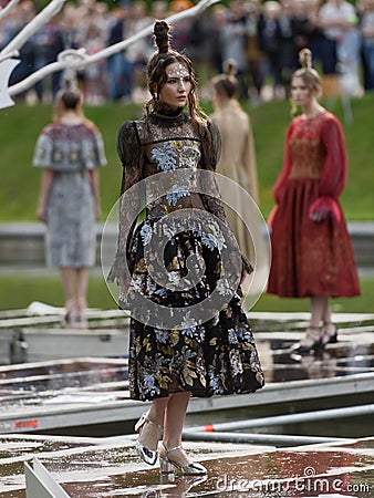 Theatrical fashion show in Catherine park, Pushkin, St. Petersburg, Russia Editorial Stock Photo