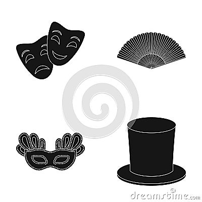 Theatrical mask, cylinder, fan, mask on the eyes. Theater set collection icons in black style vector symbol stock Vector Illustration