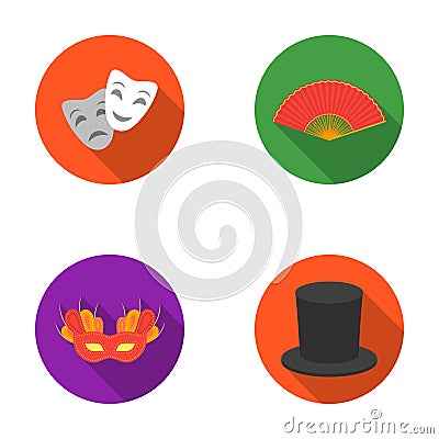 Theatrical mask, cylinder, fan, mask on the eyes. Theater set collection icons in flat style vector symbol stock Vector Illustration