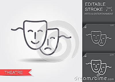 Theatrical mask. Line icon with shadow and editable stroke Vector Illustration