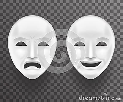 Theatrical Mask Sadness and Joy White Actor Play Face Antique Realistic 3d Transperent Icon Template Background Mock Up Vector Illustration