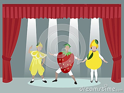 Theatrical performance, masquerade children group. Scene. In minimalist style. Cartoon flat vector Vector Illustration