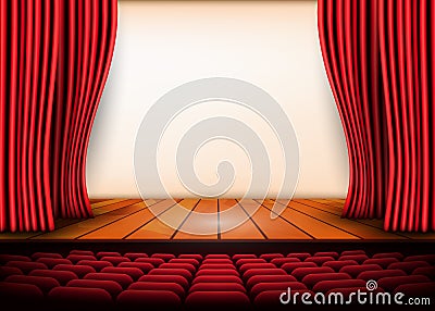 Theatrical scene with red curtains and wooden floor. Stock vector illustration Vector Illustration