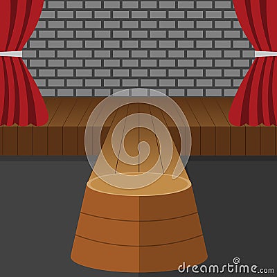 Theatrical Scene Vector. Performance. Stage Podium. Red Velvet Curtains. Event Show. Wooden Floor. Flat Cartoon Illustration for Vector Illustration