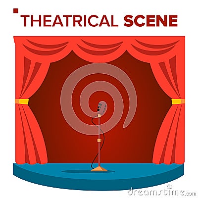 Theatrical Scene Vector. Performane. Stage Podium. Red Velvet Curtains. Event Show. Isolated Flat Cartoon Illustration Vector Illustration