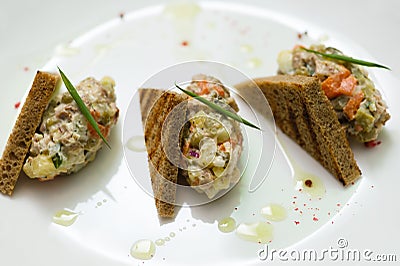 Thee vegetable snacks on plate Stock Photo