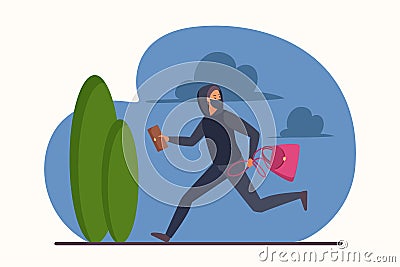 Theft of bag and wallet by thief, robbery, male robber in disguise mask running, stealing Vector Illustration