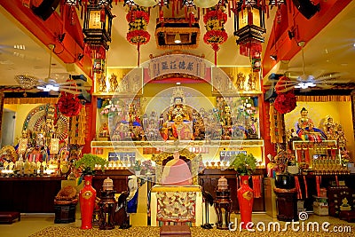 Central prayer hall at Thekchen Choling, a small Tibetan Buddhist temple at Beatty Road, in the Jalan Besar enclave, Singapore Editorial Stock Photo