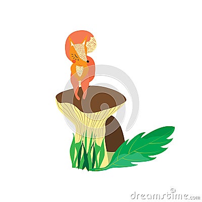 Thematic postcard with a little bright squirrel and mushroom family, vector illustration Vector Illustration