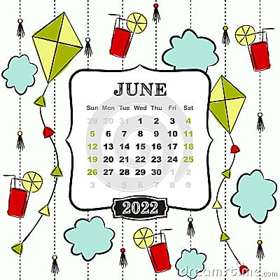 Thematic template for a calendar for 2022. The month of June Vector Illustration