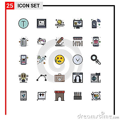 25 Thematic Vector Filled line Flat Colors and Editable Symbols of battery, monitor growth, less, growth, farming Vector Illustration