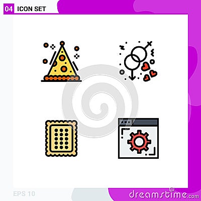 4 Thematic Vector Filledline Flat Colors and Editable Symbols of cone, baking, party, love, food Vector Illustration