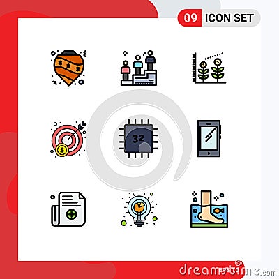 9 Thematic Vector Filledline Flat Colors and Editable Symbols of devices, chip, man, target, money Vector Illustration