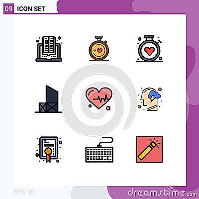 9 Thematic Vector Filledline Flat Colors and Editable Symbols of heart, rescue, compass, lifeguard, baywatch Vector Illustration