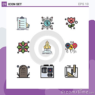9 Thematic Vector Filledline Flat Colors and Editable Symbols of muslim, design, crowdselling, pattern, rose Vector Illustration