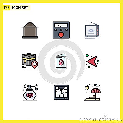 9 Thematic Vector Filledline Flat Colors and Editable Symbols of muslim, pin, ad, kaba, tv Vector Illustration