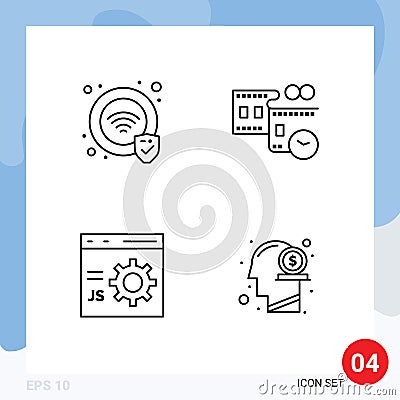 4 Thematic Vector Filledline Flat Colors and Editable Symbols of protection, develop, film reel, time, programming Vector Illustration