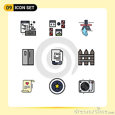 9 User Interface Filledline Flat Color Pack of modern Signs and Symbols of refrigerator, by, programming, appliances, factory Vector Illustration