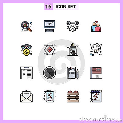 16 Thematic Vector Flat Color Filled Lines and Editable Symbols of management, heart, wrench wheel, marriage, couple Vector Illustration