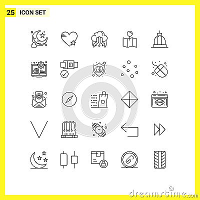 25 Thematic Vector Lines and Editable Symbols of architecture, pointer, cloud, map, online Vector Illustration