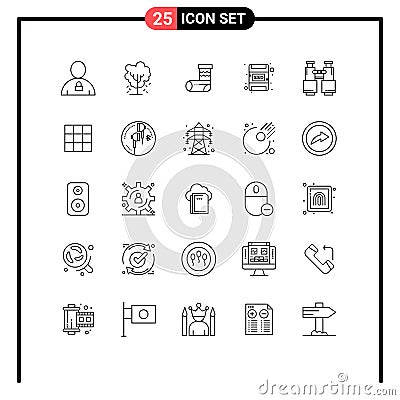 Pack of 25 Modern Lines Signs and Symbols for Web Print Media such as binoculars, memory card, nature, card, festivity Vector Illustration