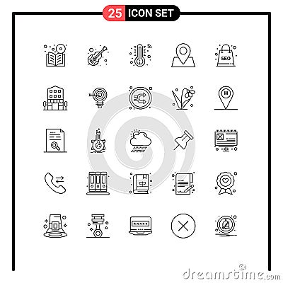 25 Thematic Vector Lines and Editable Symbols of package, location, musical, pointer, thermometer Vector Illustration