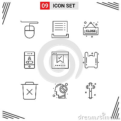9 Thematic Vector Outlines and Editable Symbols of office, check, shopping, bookmark, smartphone Vector Illustration