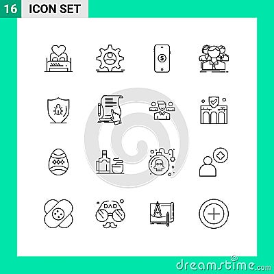 16 Thematic Vector Outlines and Editable Symbols of team, multiplayer, security, group, shopping Vector Illustration